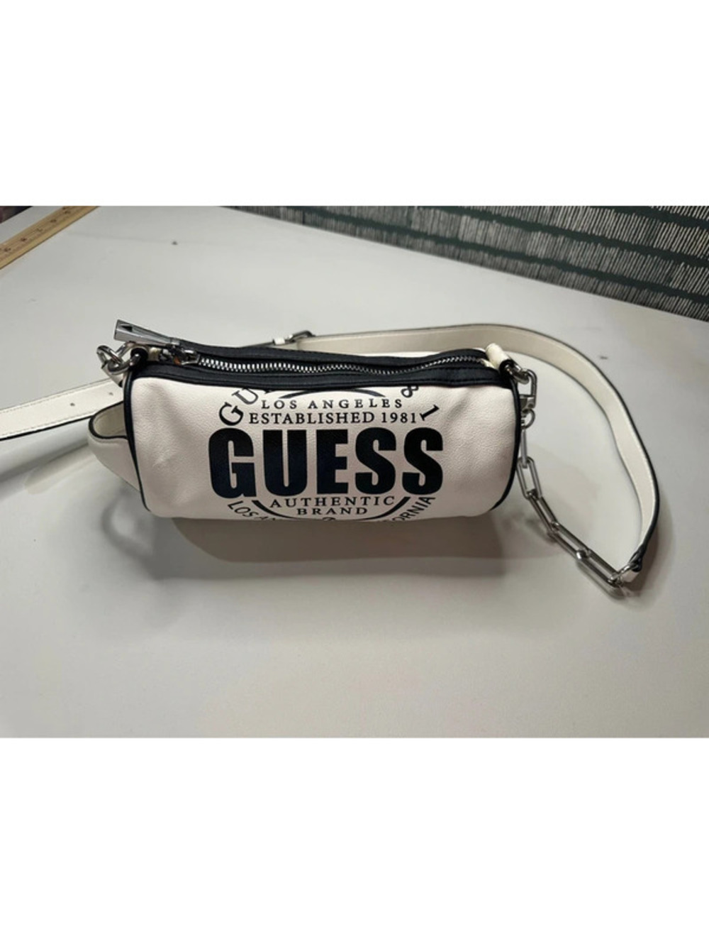 GUESS Y2K White Black Logo Mini Crossbody Bag Chain Strap